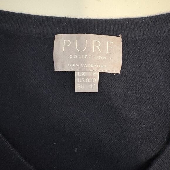 Pure Collection 100% Cashmere Sweater Striped V Neck Navy Blue White Women 8/10 - Picture 3 of 5